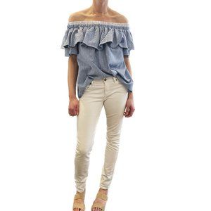 KLD Blue & White Stripe Pin-Stripe Off Shoulder Ruffle Tiered Top